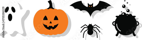 Halloween icons featuring a ghost, pumpkin, bat, spider, and cauldron for a spooky and festive celebration