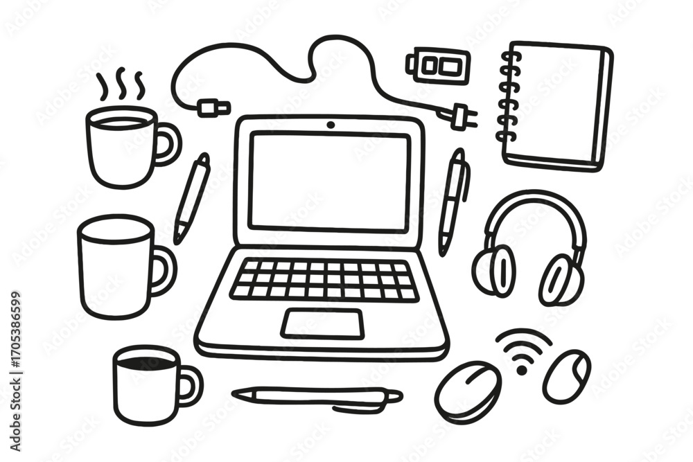 Fototapeta premium Tech Essentials Doodles. Hand-drawn doodle illustration Laptop laptop, keyboard, touchpad, power cable, USB port, screen, webcam,