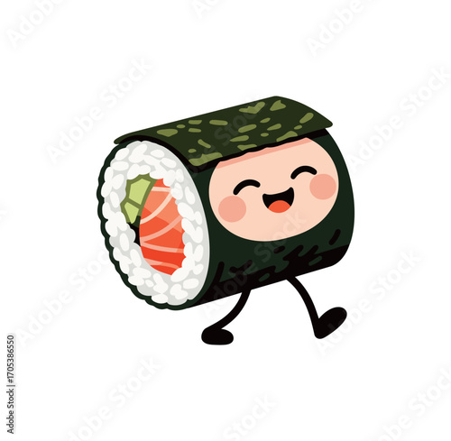 Cute cartoon sushi roll mascot with a happy face. Funny smiling Japanese food character walking and having fun.