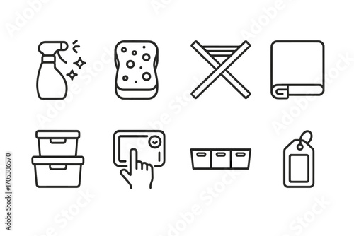 Storage Icon Set. Outline icon set of storage maintenance: cleaning spray, sponge, drying rack, shelf liner, container stack, seal