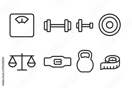 Weight Measurement Icons. Outline icon set of weight measurement: scale, dumbbell, barbell, weight plate, balance scale,