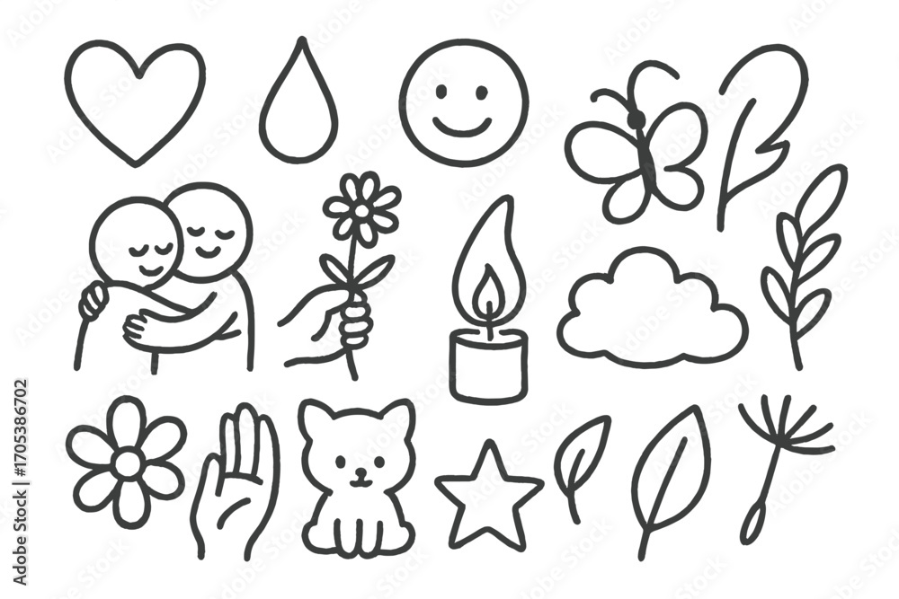 Fototapeta premium Soft Emotions Doodles. Hand-drawn doodle illustration soft emotions heart, tear drop, smiling face, hand holding flower, gentle
