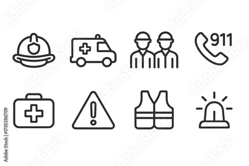 Emergency & Market Icons. Outline icon set of emergency response: firefighter helmet, ambulance, rescue team, emergency phone,