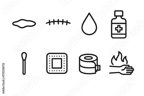 Wound Care Icons. Outline icon set of wound care: open wound, stitched wound, blood drop, antiseptic bottle, cotton swab, wound