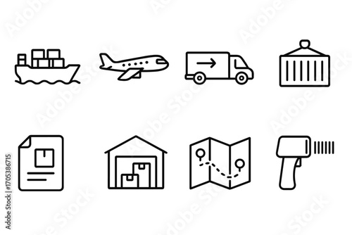 Freight Icon Set. Outline icon set of freight forwarding: cargo ship, airplane, delivery van, container, shipping label, warehouse