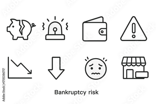 Bankruptcy Risk Icons. Outline icon set of bankruptcy risk: broken piggy bank, alarm bell, empty wallet, warning sign, falling