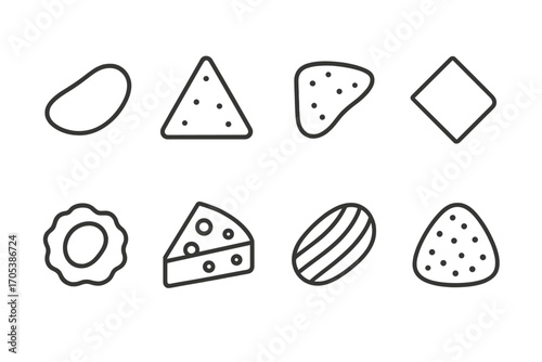 Chip Icons Set. Outline icon set of chips: potato chip, tortilla chip, corn chip, pita chip, vegetable chip, cheese chip, sweet