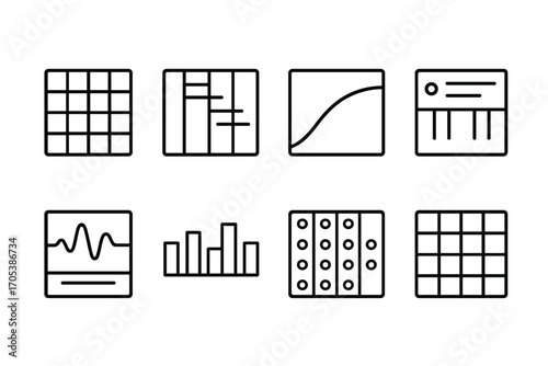 Audio Sequencer Icons. Outline icon set of sequencer patterns: beat grid, note sequence, velocity curve, MIDI clip, audio clip,