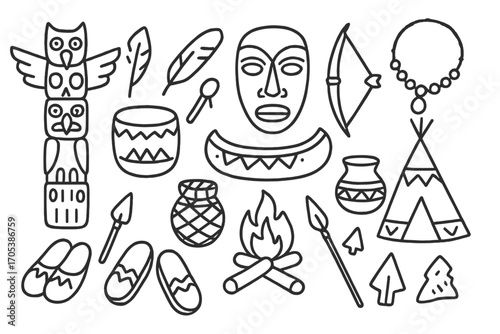 Indigenous Culture Icons. Hand-drawn doodle illustration Indigenous culture symbols totem pole, feather, drum, bow and arrow, mask