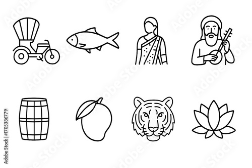 Bangladeshi Culture Icon Set. Outline icon set of Bangladeshi culture: Rickshaw, Hilsa fish, Jamdani saree, Baul singer,