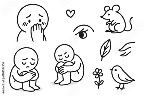 Shy Expressions Doodle. Hand-drawn doodle illustration timidity shy face, hiding behind hand, blushing cheeks, small mouse, closed