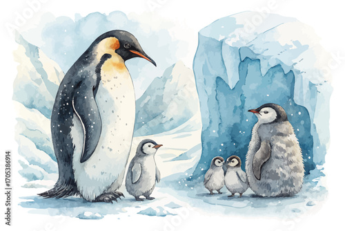Watercolor penguin family in icy  background