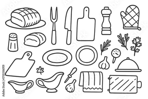 Roast Beef Essentials. Hand-drawn doodle illustration Roast beef roast beef slice, carving knife, fork, cutting board, seasoning
