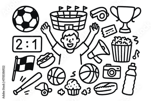 Sports Event Doodles. Hand-drawn doodle illustration Sports events as entertainment soccer ball, stadium, whistle, trophy, fan