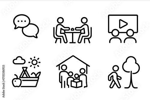 Social Day Icons. Outline icon set of social rest day: chatting, board games, coffee meetup, movie watching, picnic, family