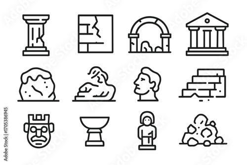 Ruins Icon Set. Outline icon set of ruins architecture: broken column, cracked wall, collapsed arch, ancient temple, moss-covered