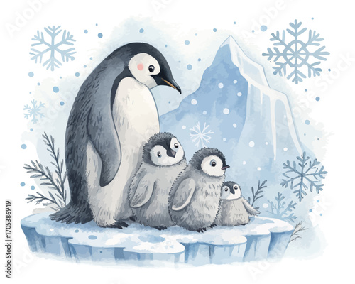 Watercolor penguin family in icy vector illustration isolated on white background