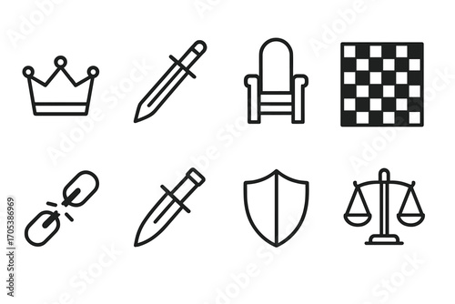 Power Struggle Icons. Outline icon set of power struggles: crown, sword, throne, chessboard, broken chain, dagger, shield, scales