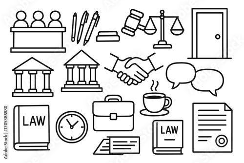 Courtroom Doodled Icons. Hand-drawn doodle illustration deliberation and verdict jury box, judge’s gavel, closed door, scales of