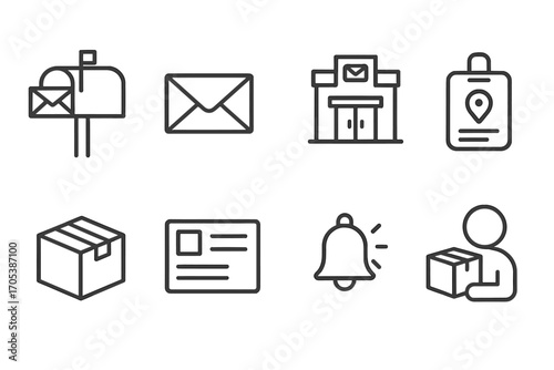 Mailing Address Icons. Outline icon set of mailing address: mailbox, letter, post office, address label, parcel box, shipping form