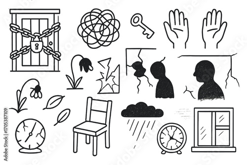 Trapped Feelings Illustrations. Hand-drawn doodle illustration trapped feelings locked door, heavy chains, tangled ropes, broken