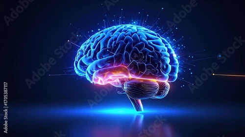 Glowing blue brain with radiating lines