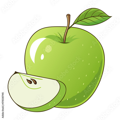Fresh Green Apple with Leaf and Slice Illustration