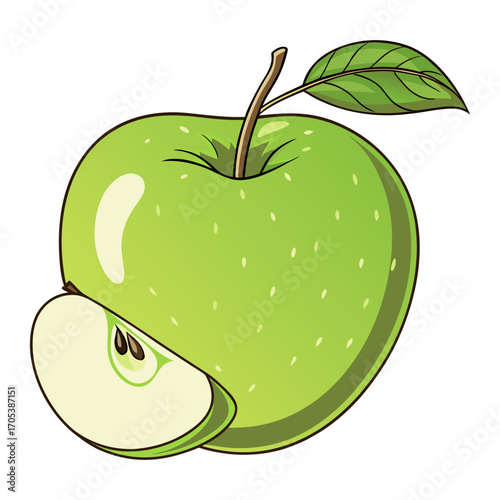 Fresh Green Apple with Leaf and Slice Illustration