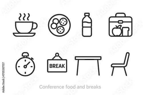 Conference Break Icons. Outline icon set of conference food and breaks: coffee cup, snack plate, water bottle, lunch box, timer,
