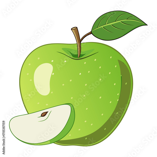 Fresh Green Apple with Leaf and Slice Illustration