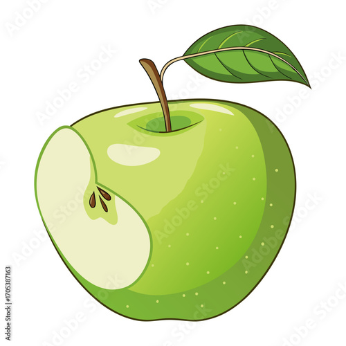 Fresh Green Apple with Leaf and Slice Illustration