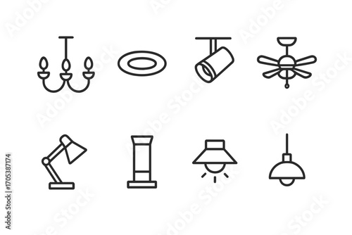 Lighting Fixtures Icons. Outline icon set of lighting fixtures: chandelier, recessed light, track light, ceiling fan light, desk