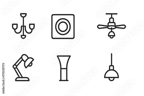 Lighting Fixtures Icons. Outline icon set of lighting fixtures: chandelier, recessed light, track light, ceiling fan light, desk