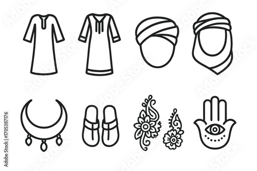 Egyptian Clothing Icons. Outline icon set of Egyptian traditional clothing: Galabeya robe, Kaftan dress, Turban, Bedouin scarf,