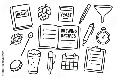 Brewing Essentials Doodle. Hand-drawn doodle illustration brewing recipes and notes notebook, pen, recipe book, hops, malt, yeast