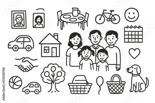 Nuclear Family Icons. Hand-drawn doodle illustration nuclear family daily life house, parents, children, dinner table, bicycle,