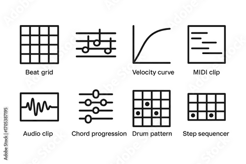 Audio Sequencer Icons. Outline icon set of sequencer patterns: beat grid, note sequence, velocity curve, MIDI clip, audio clip,