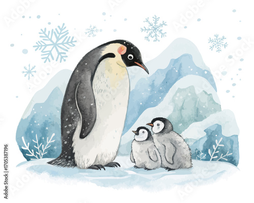 Watercolor penguin family in icy vector illustration 