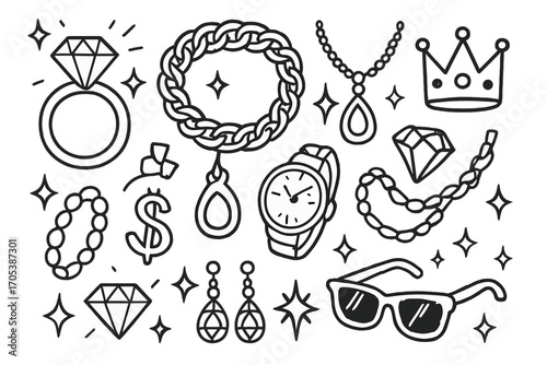 Bling Icons Collection. Hand-drawn doodle illustration bling lifestyle diamond ring, gold chain, watch, sparkling necklace, crown,