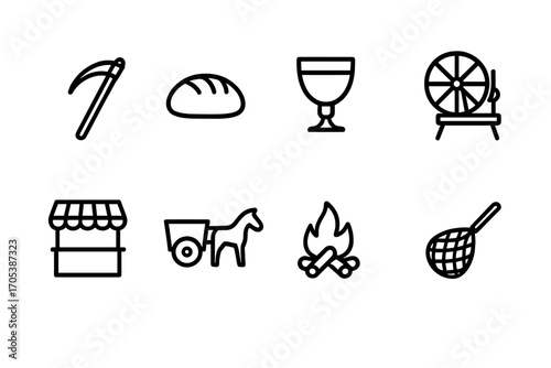 Duchy Daily Life Icons. Outline icon set of duchy daily life: harvest scythe, bread loaf, wine goblet, spinning wheel, market