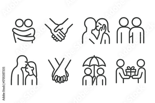 Affection Gesture Icons. Outline icon set of affectionate gestures: hugging arms, hand holding, cheek touch, shoulder tap,