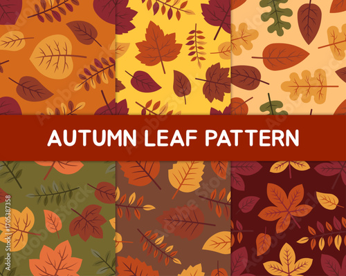 Seamless autumn leaves pattern set with acorn, aspen, maple, beech, birch, and chestnut on warm seasonal backgrounds. Perfect for fabric, wallpaper, stationery, and fall crafts.