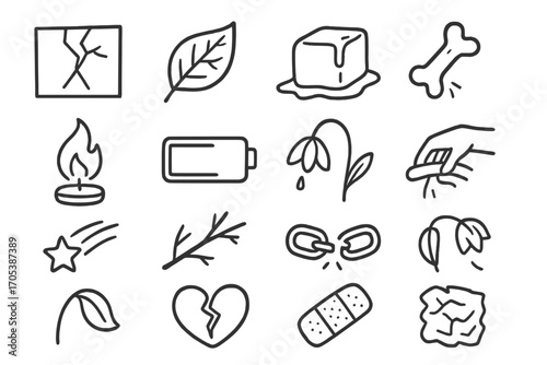 Symbols of Fragility. Hand-drawn doodle illustration delicate weakness cracked glass, fragile leaf, melting ice, broken bone,