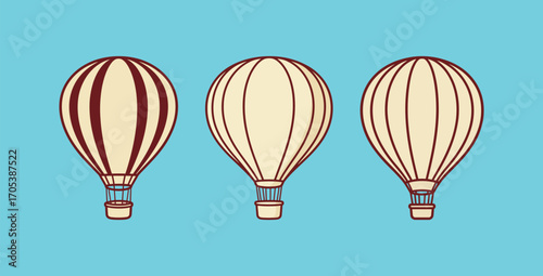 Minimalistic vector illustration of hot air balloons in the sky. Vintage style flying balloons on a blue background.