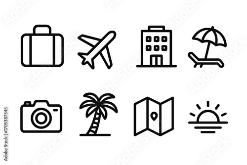 Anniversary Travel Icons. Outline icon set of anniversary travel and getaway: suitcase, airplane, hotel, beach umbrella, camera,