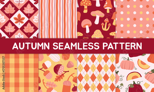 Autumn seamless pattern set in red, orange, and pink tones with dot, stripe, gingham, argyle, leaves, pumpkin, acorn, and mushroom. Ideal for fabric, wallpaper, and seasonal crafts.