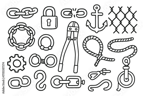 Chain Elements Doodle. Hand-drawn doodle illustration heavy chain metal links, padlock, shackle, broken link, anchor, fence, chain