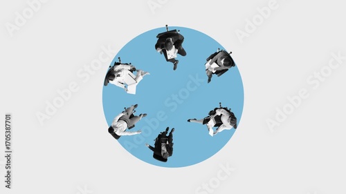 Ad template of two employee groups meeting in overlapping circles as symbol of team integration. Concept of mergers and acquisitions HR adaptation, communication, and business alignment.