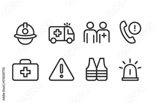 Emergency Icons Set. Outline icon set of emergency response: firefighter helmet, ambulance, rescue team, emergency phone, first