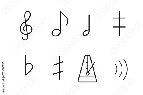 Trumpet Music Icon Set. Outline icon set of trumpet music symbols: treble clef, music note, rest symbol, sharp, flat, natural,